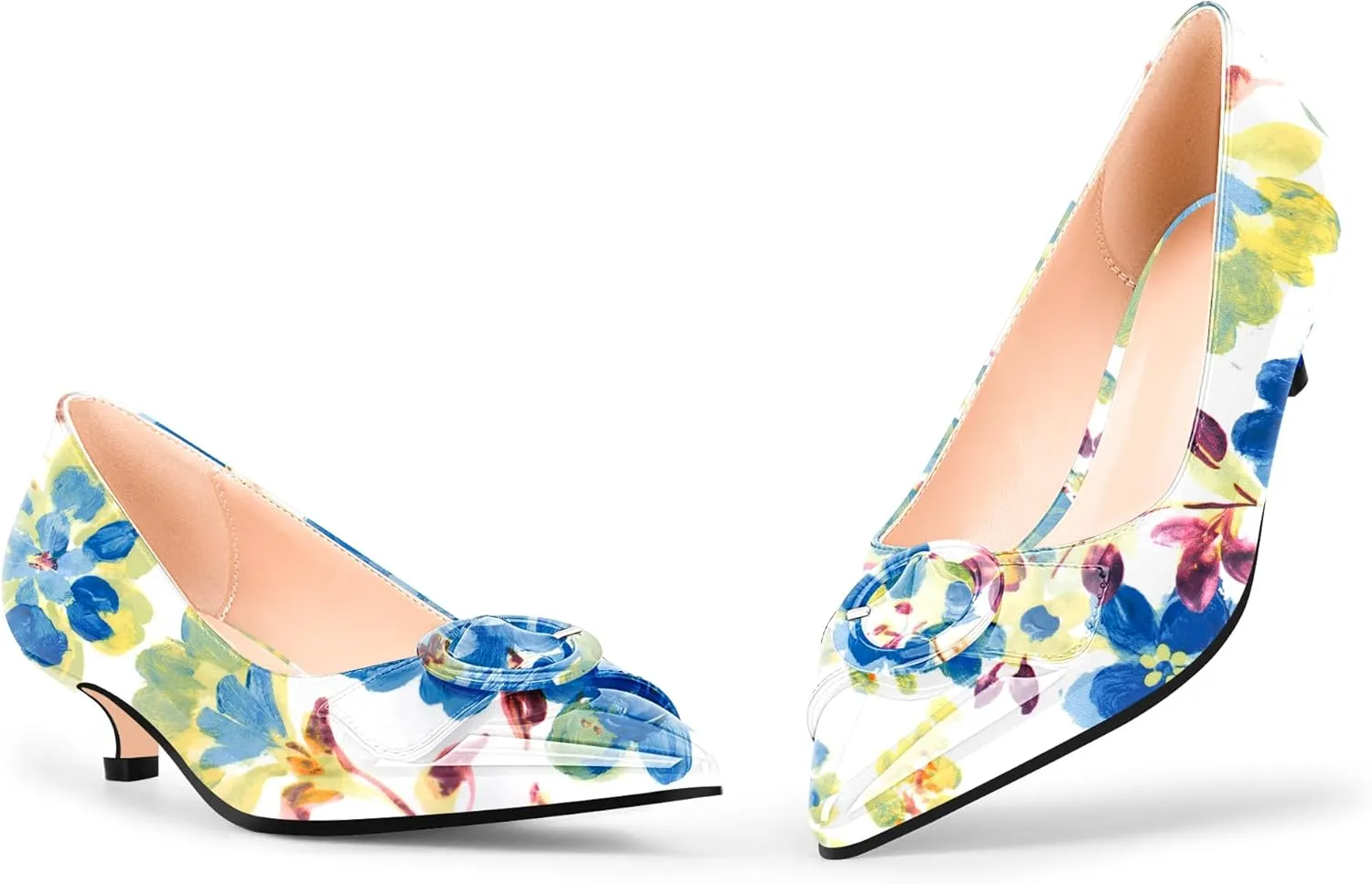 Women's Low Kitten Heel Pumps Pointed Closed Toe Buckle Slip On Office Comfort Shoes
