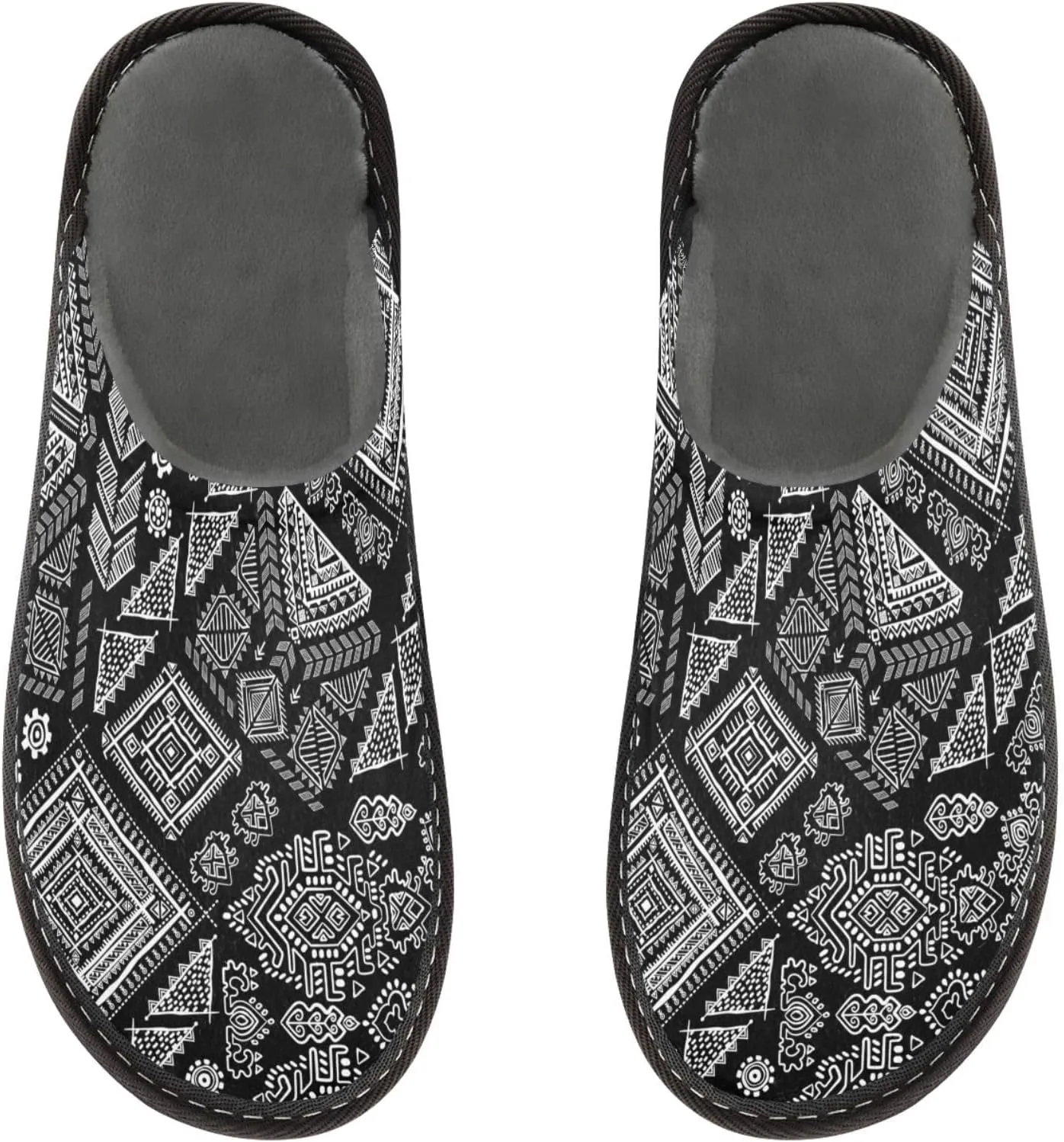 Women's Mens Black White Tribal Ethnic Pattern Cosy Slip-On Slippers,Casual Comfy Linning Breathable Memory Foam Scuff House Bedroom Shoes Gift for Unisex Indoor/Outdoor Size 4-11