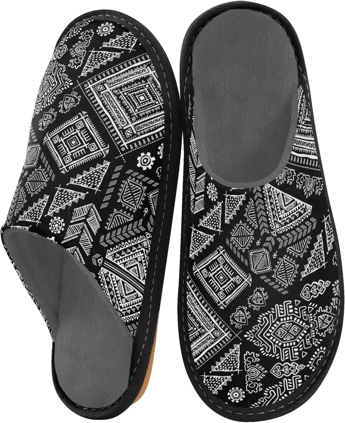 Women's Mens Black White Tribal Ethnic Pattern Cosy Slip-On Slippers,Casual Comfy Linning Breathable Memory Foam Scuff House Bedroom Shoes Gift for Unisex Indoor/Outdoor Size 4-11