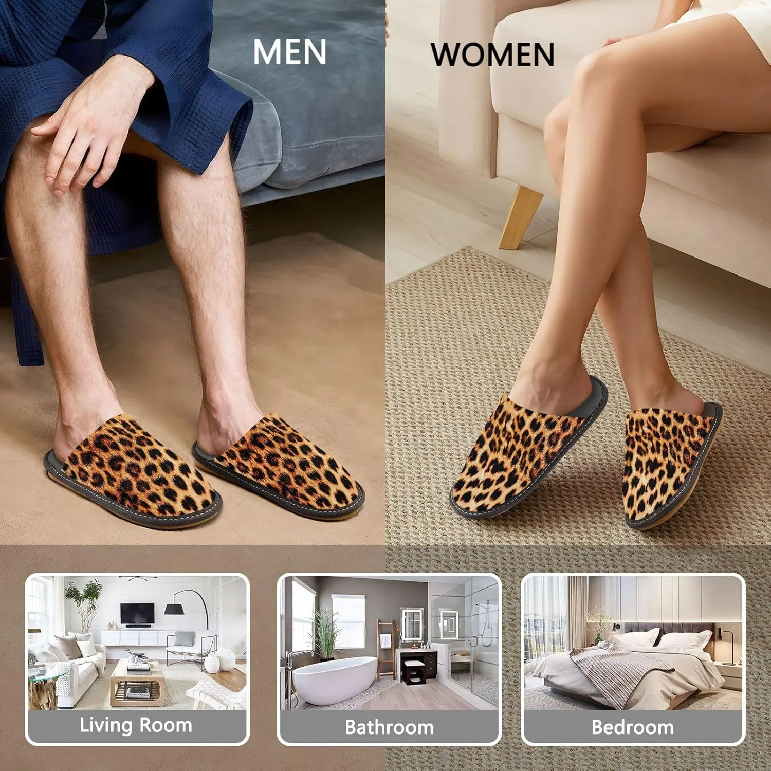 Women's Mens Cosy Slippers, Fasion Leopard Pattern Casual Unisex Slip-On Breathable Memory Foam Scuff Lazy House Shoes for Indoor/Outdoor Size 4-11