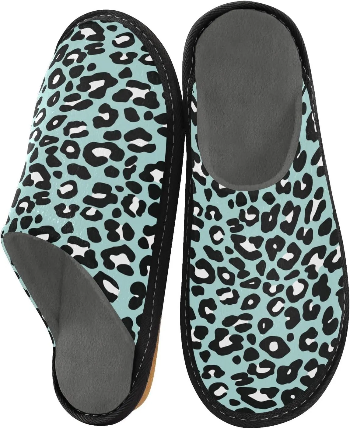 Women's Mens Cosy Slippers, Funny Leopard Green Unisex Casual Slip-On Breathable Memory Foam Scuff Lazy House Shoes for Indoor/Outdoor Size 4-11
