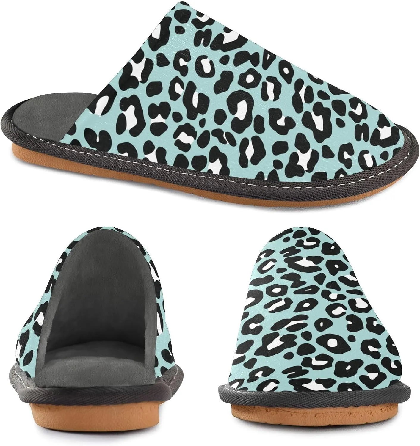 Women's Mens Cosy Slippers, Funny Leopard Green Unisex Casual Slip-On Breathable Memory Foam Scuff Lazy House Shoes for Indoor/Outdoor Size 4-11