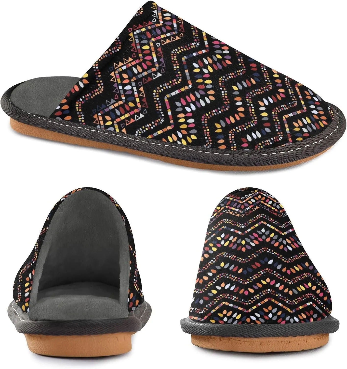 Women's Mens Cosy Slippers, Geometric Zigzag Ethnic Pattern Unisex Casual Slip-On Breathable Memory Foam Scuff Lazy House Shoes for Indoor/Outdoor Size 4-11