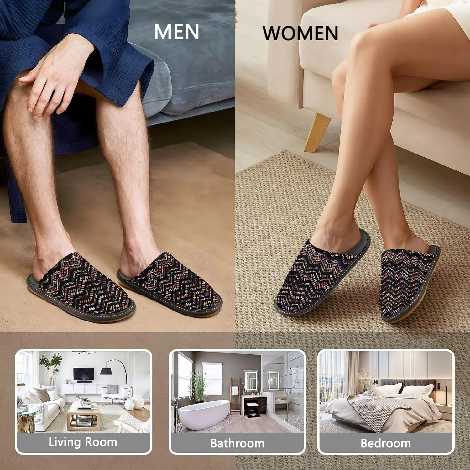 Women's Mens Cosy Slippers, Geometric Zigzag Ethnic Pattern Unisex Casual Slip-On Breathable Memory Foam Scuff Lazy House Shoes for Indoor/Outdoor Size 4-11