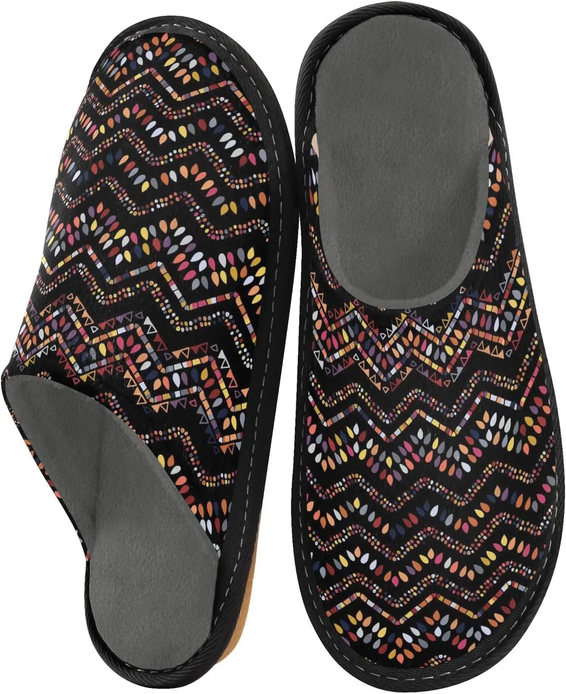 Women's Mens Cosy Slippers, Geometric Zigzag Ethnic Pattern Unisex Casual Slip-On Breathable Memory Foam Scuff Lazy House Shoes for Indoor/Outdoor Size 4-11