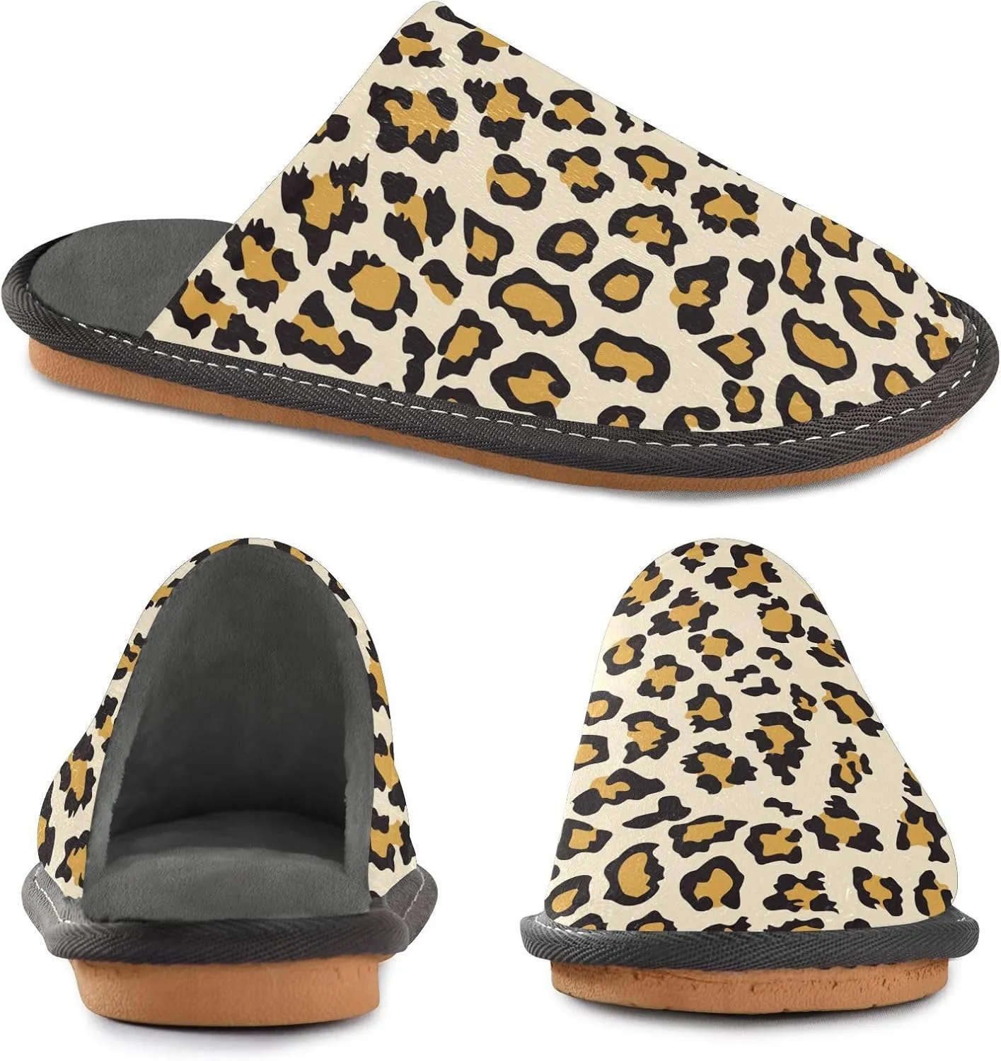 Women's Mens Cosy Slippers, Leopard Fur Pattern Casual Unisex Slip-On Breathable Memory Foam Scuff Lazy House Shoes for Indoor/Outdoor Size 4-11