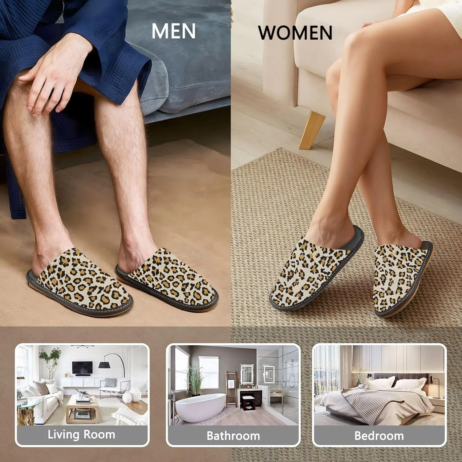 Women's Mens Cosy Slippers, Leopard Fur Pattern Casual Unisex Slip-On Breathable Memory Foam Scuff Lazy House Shoes for Indoor/Outdoor Size 4-11