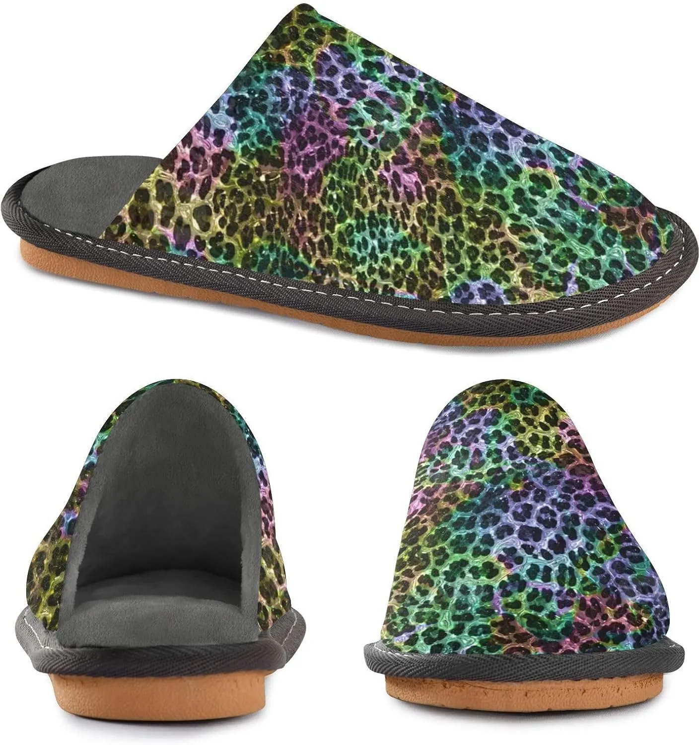 Women's Mens Cosy Slippers, Leopard Skin Unisex Casual Slip-On Breathable Memory Foam Scuff Lazy House Shoes for Indoor/Outdoor Size 4-11