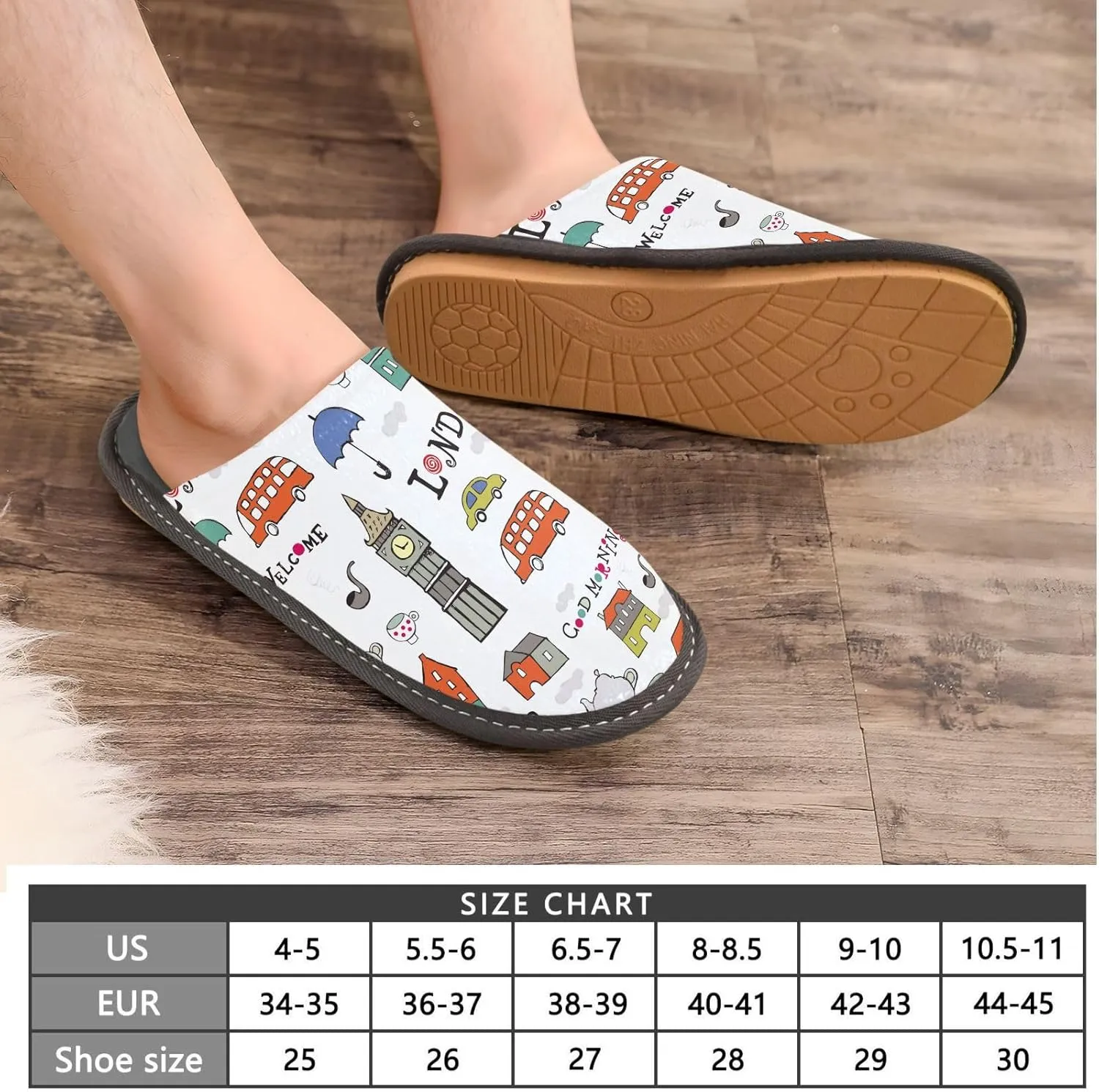 Women's Mens Cosy Slippers, London Floral Big Ben Bus Casual Unisex Slip-On Breathable Memory Foam Scuff Lazy House Shoes for Indoor/Outdoor Size 4-11