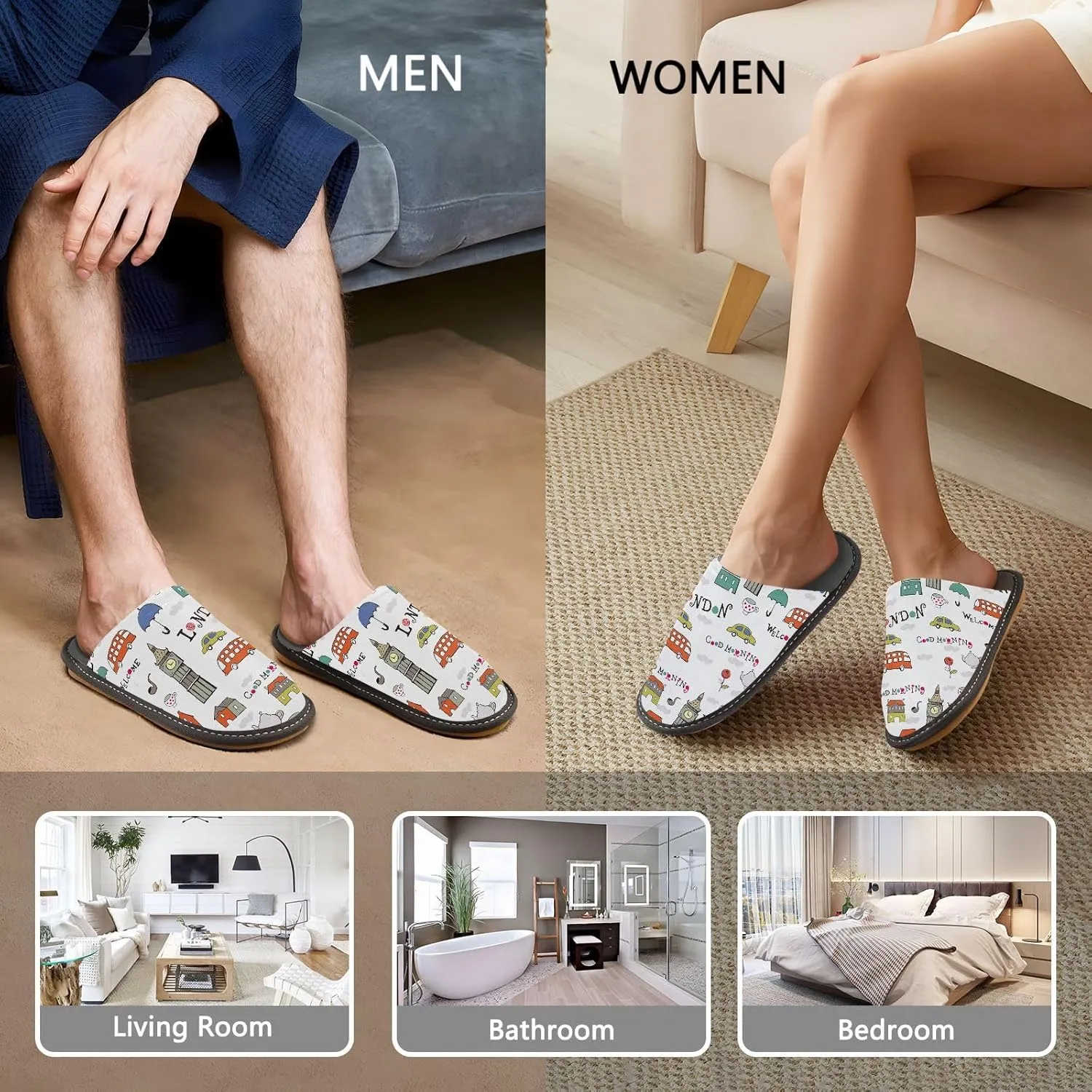 Women's Mens Cosy Slippers, London Floral Big Ben Bus Casual Unisex Slip-On Breathable Memory Foam Scuff Lazy House Shoes for Indoor/Outdoor Size 4-11