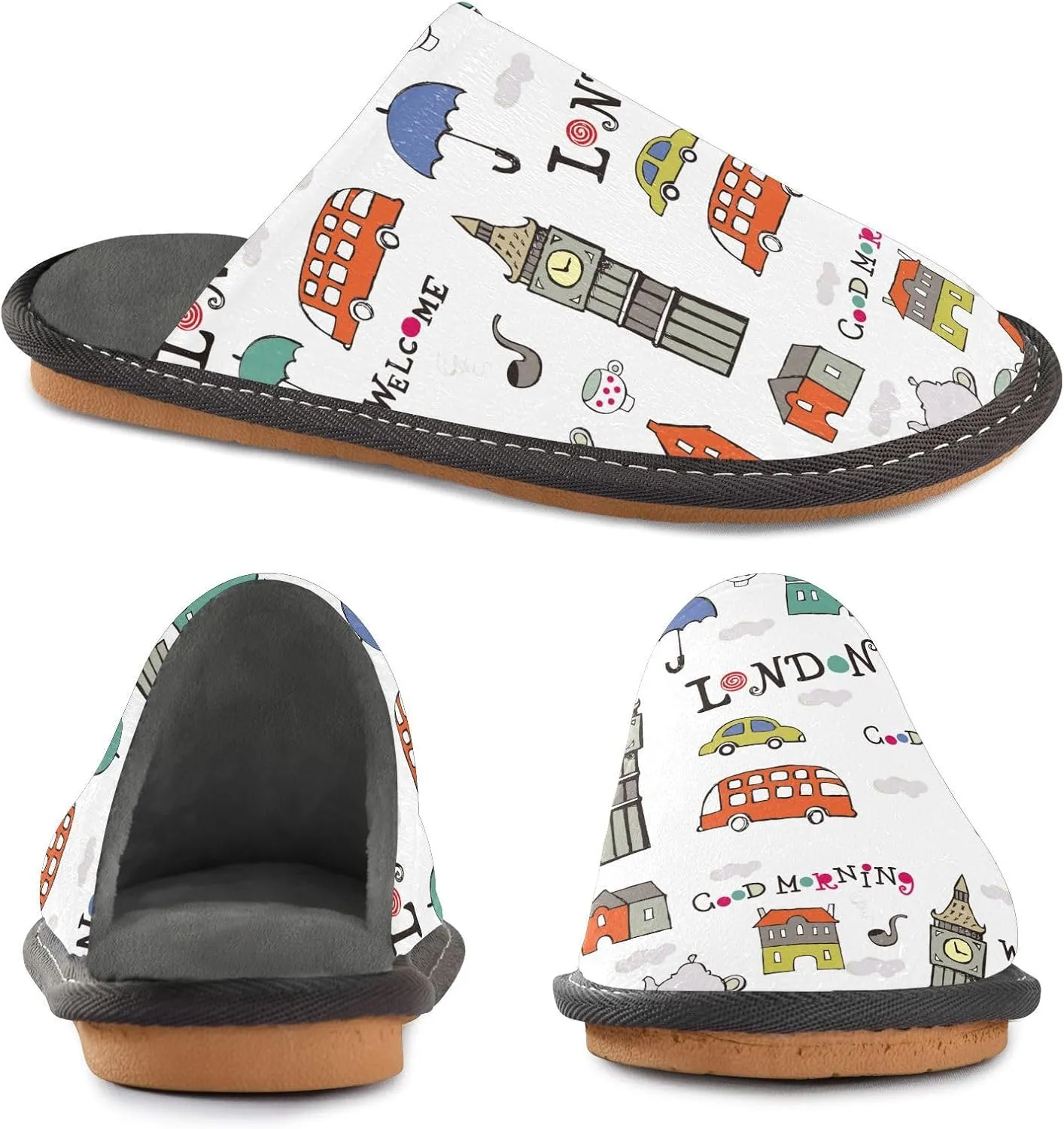 Women's Mens Cosy Slippers, London Floral Big Ben Bus Casual Unisex Slip-On Breathable Memory Foam Scuff Lazy House Shoes for Indoor/Outdoor Size 4-11