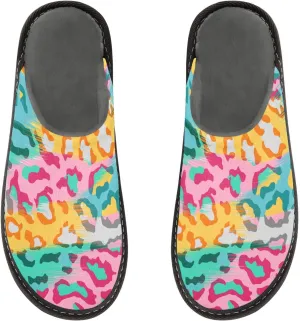 Women's Mens Cosy Slippers, Lovely Leopard in Colors Casual Unisex Slip-On Breathable Memory Foam Scuff Lazy House Shoes for Indoor/Outdoor Size 4-11