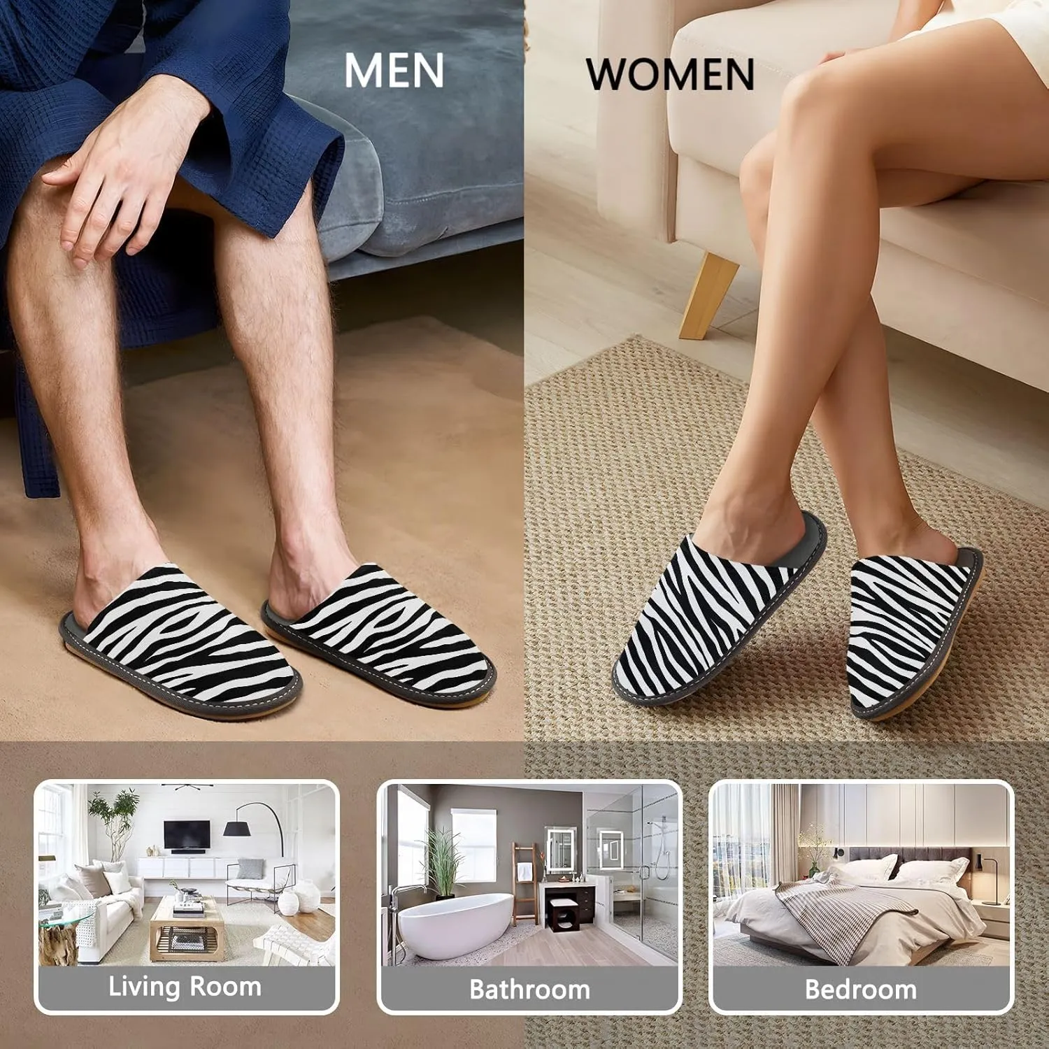 Women's Mens Cosy Slippers, Simple Black White Zebra Pattern Unisex Casual Slip-On Breathable Memory Foam Scuff Lazy House Shoes for Indoor/Outdoor Size 4-11