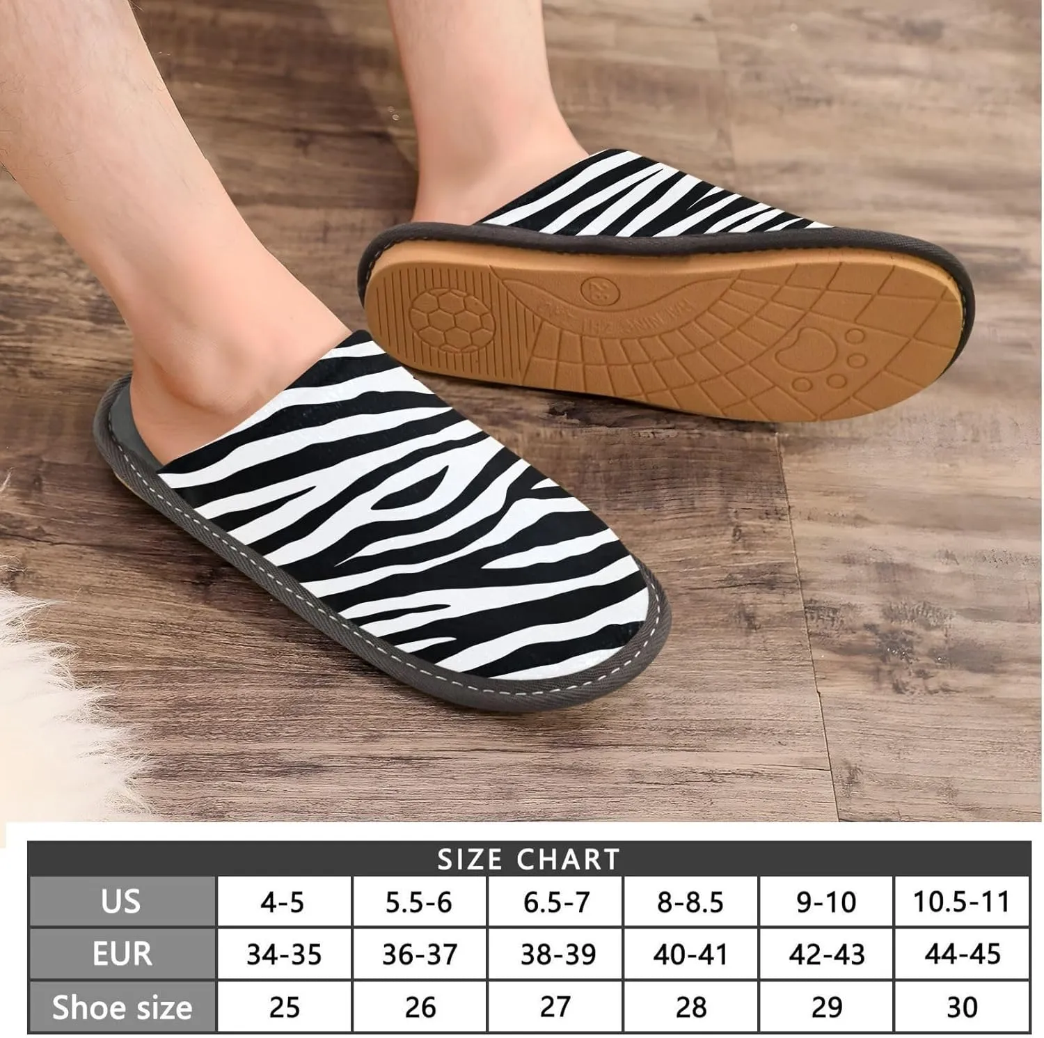 Women's Mens Cosy Slippers, Simple Black White Zebra Pattern Unisex Casual Slip-On Breathable Memory Foam Scuff Lazy House Shoes for Indoor/Outdoor Size 4-11