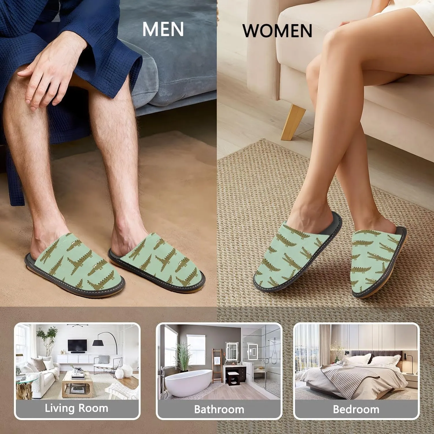 Women's Mens Cosy Slippers, Simple Green Floral Crocodiles Unisex Casual Slip-On Breathable Memory Foam Scuff Lazy House Shoes for Indoor/Outdoor Size 4-11