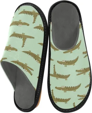Women's Mens Cosy Slippers, Simple Green Floral Crocodiles Unisex Casual Slip-On Breathable Memory Foam Scuff Lazy House Shoes for Indoor/Outdoor Size 4-11