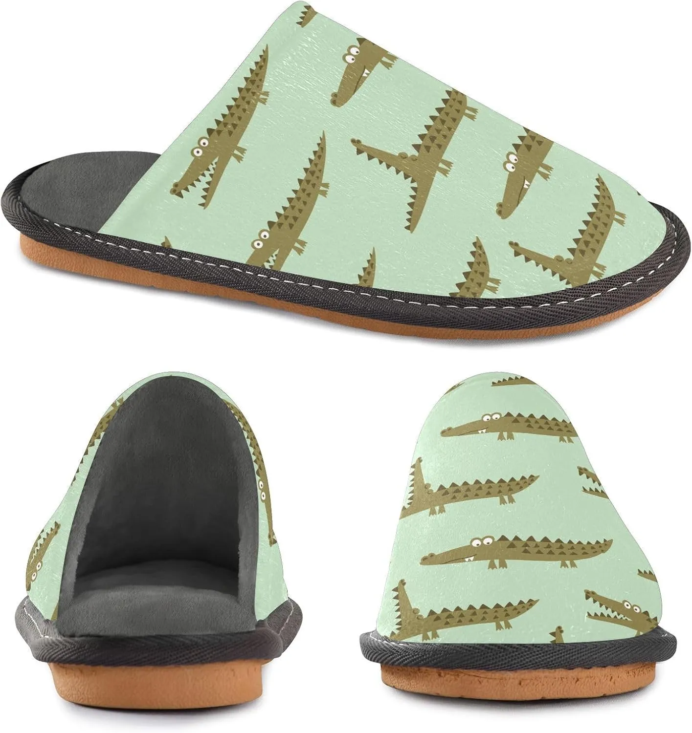Women's Mens Cosy Slippers, Simple Green Floral Crocodiles Unisex Casual Slip-On Breathable Memory Foam Scuff Lazy House Shoes for Indoor/Outdoor Size 4-11