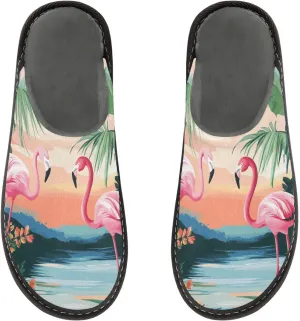 Women's Mens Cosy Slippers, Summer Seaside Flamingos Casual Unisex Slip-On Breathable Memory Foam Scuff Lazy Daily House Shoes for Indoor/Outdoor Size 4-11