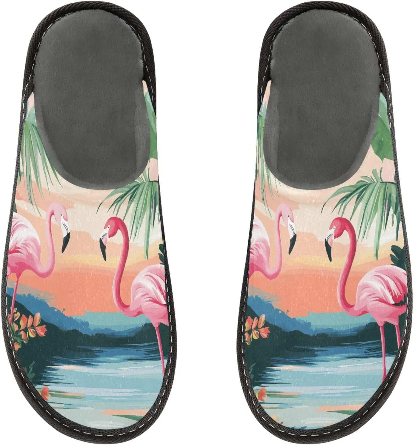 Women's Mens Cosy Slippers, Summer Seaside Flamingos Casual Unisex Slip-On Breathable Memory Foam Scuff Lazy Daily House Shoes for Indoor/Outdoor Size 4-11
