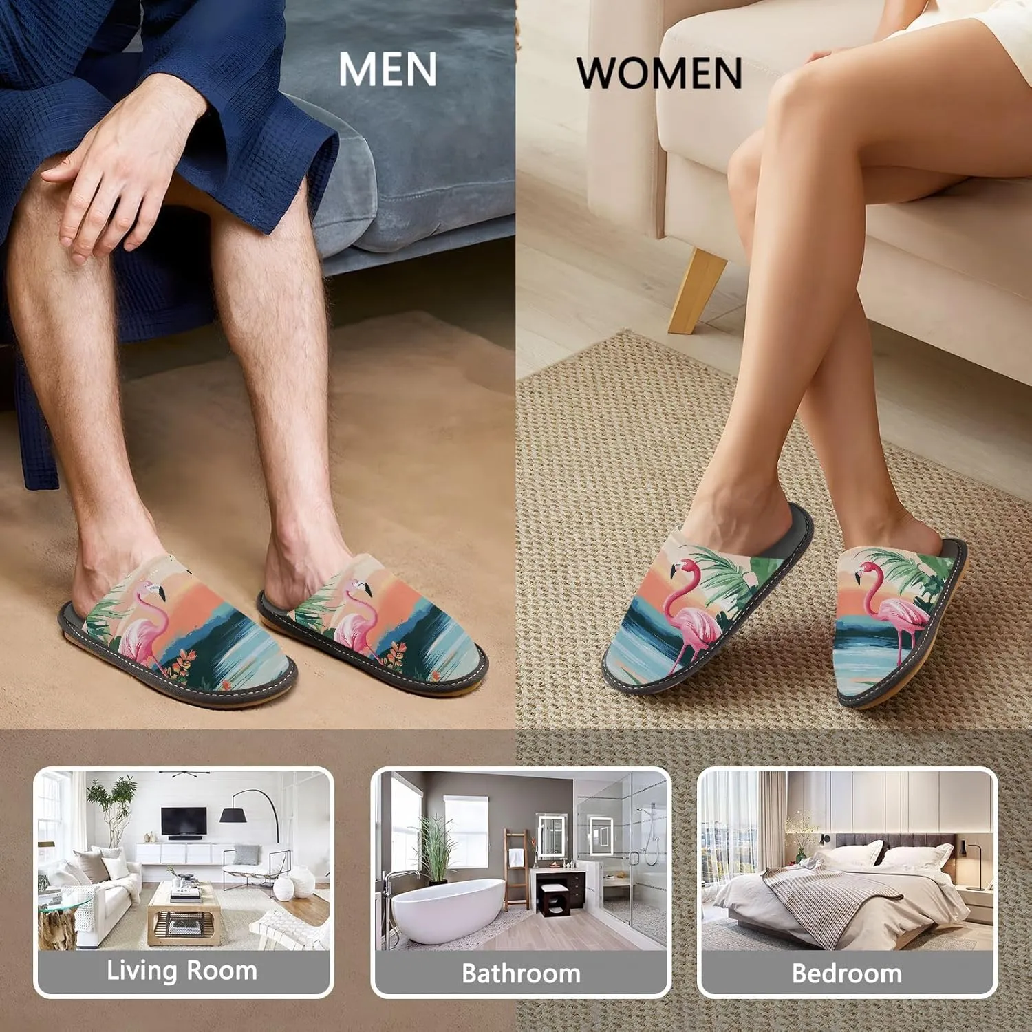 Women's Mens Cosy Slippers, Summer Seaside Flamingos Casual Unisex Slip-On Breathable Memory Foam Scuff Lazy Daily House Shoes for Indoor/Outdoor Size 4-11
