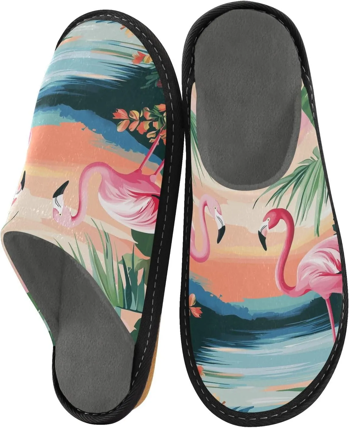Women's Mens Cosy Slippers, Summer Seaside Flamingos Casual Unisex Slip-On Breathable Memory Foam Scuff Lazy Daily House Shoes for Indoor/Outdoor Size 4-11