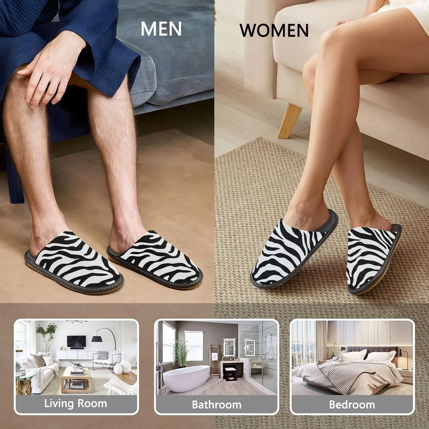 Women's Mens Cosy Slippers, Trendy Black White Zebra Skin Pattern Unisex Casual Slip-On Breathable Memory Foam Scuff Lazy House Shoes for Indoor/Outdoor Size 4-11