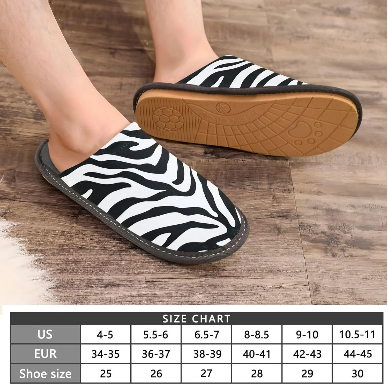Women's Mens Cosy Slippers, Trendy Black White Zebra Skin Pattern Unisex Casual Slip-On Breathable Memory Foam Scuff Lazy House Shoes for Indoor/Outdoor Size 4-11