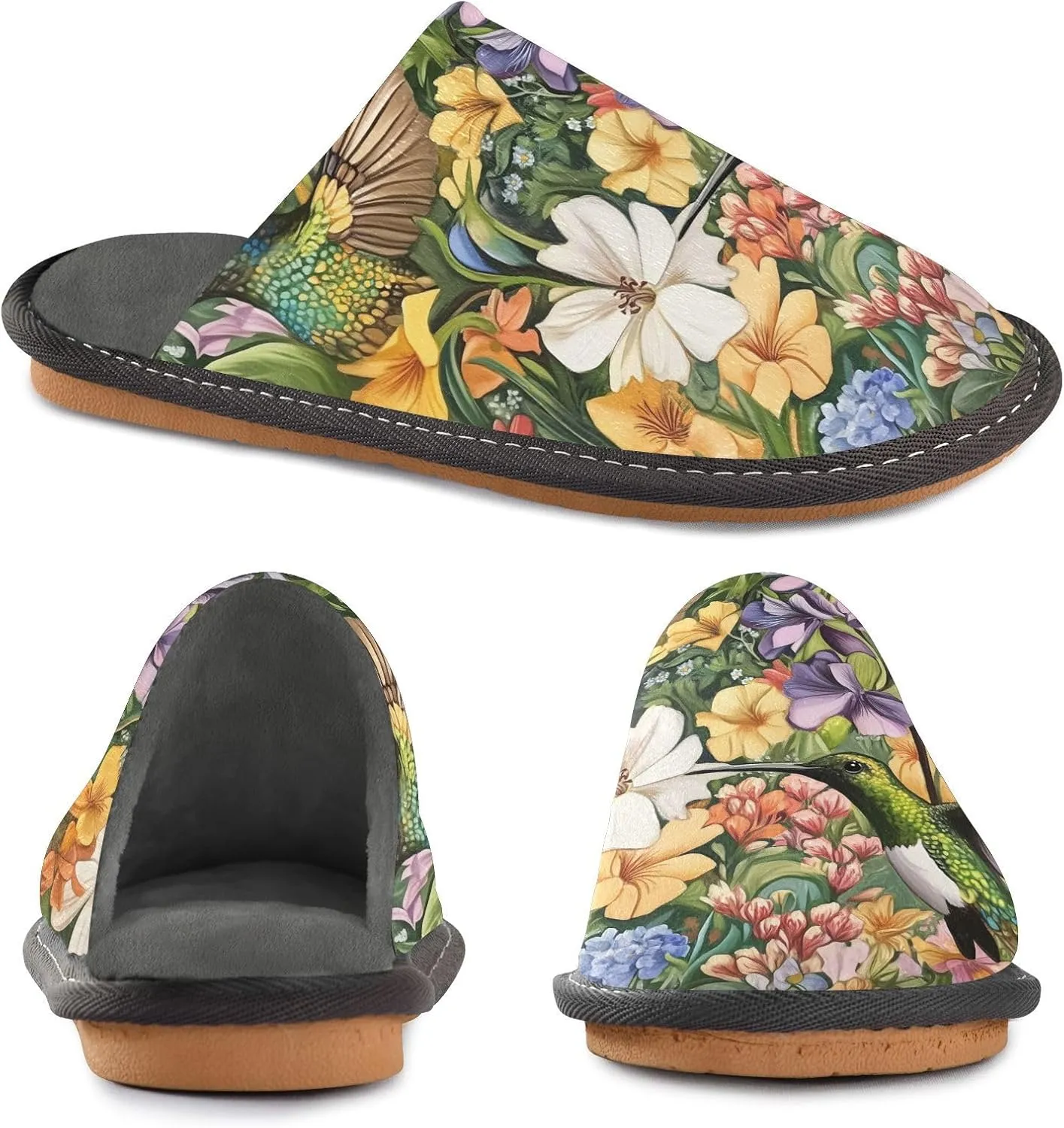 Women's Mens Cosy Slippers, Tropical Flowers Hummingbird Exotic Casual Unisex Slip-On Breathable Memory Foam Scuff Lazy Daily House Shoes for Indoor/Outdoor Size 4-11