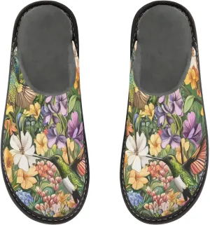 Women's Mens Cosy Slippers, Tropical Flowers Hummingbird Exotic Casual Unisex Slip-On Breathable Memory Foam Scuff Lazy Daily House Shoes for Indoor/Outdoor Size 4-11