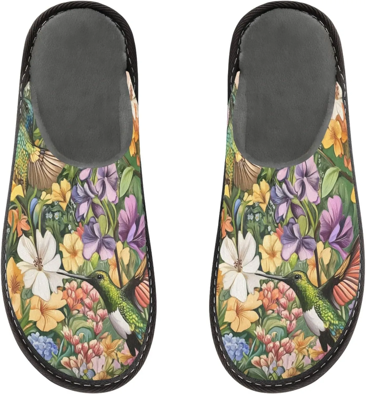 Women's Mens Cosy Slippers, Tropical Flowers Hummingbird Exotic Casual Unisex Slip-On Breathable Memory Foam Scuff Lazy Daily House Shoes for Indoor/Outdoor Size 4-11