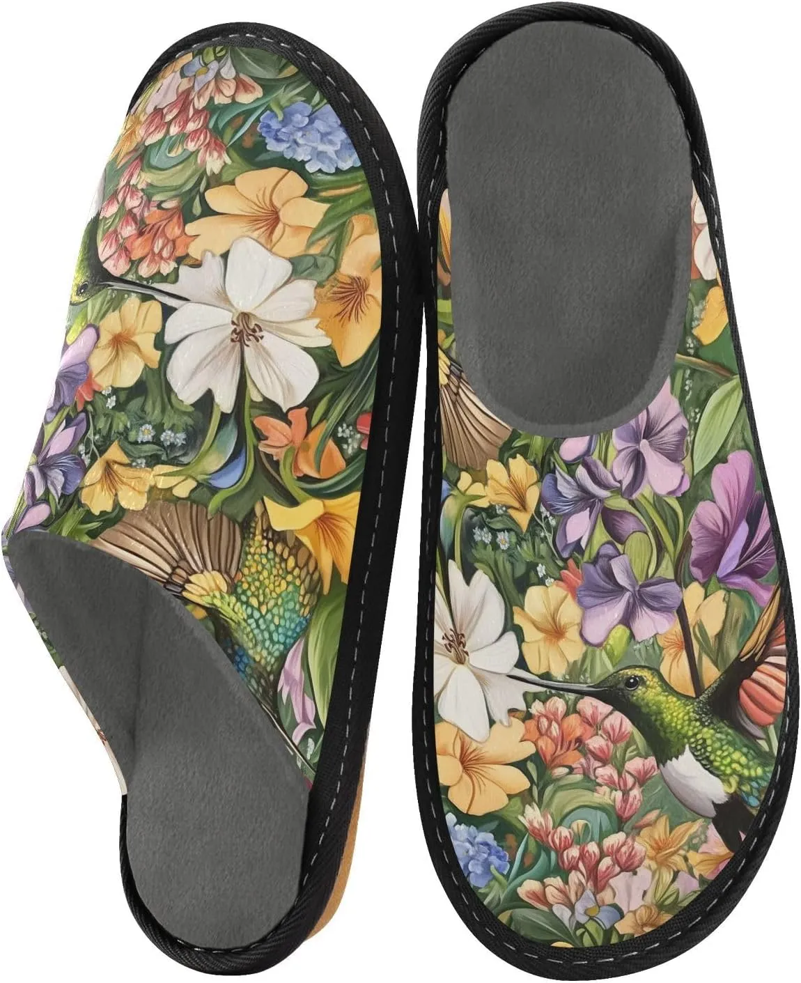Women's Mens Cosy Slippers, Tropical Flowers Hummingbird Exotic Casual Unisex Slip-On Breathable Memory Foam Scuff Lazy Daily House Shoes for Indoor/Outdoor Size 4-11