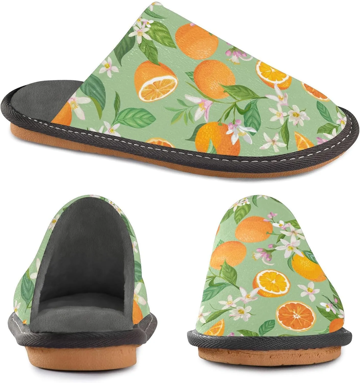 Women's Mens Cosy Slippers, Tropical Fruit Juicy Orange Leaves Unisex Casual Slip-On Breathable Memory Foam Scuff Lazy House Shoes for Indoor/Outdoor Size 4-11