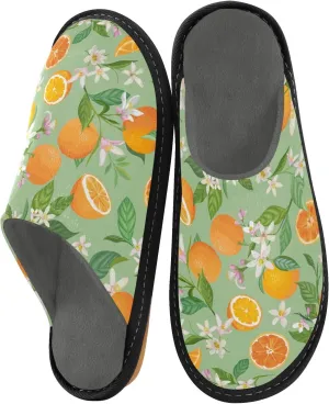 Women's Mens Cosy Slippers, Tropical Fruit Juicy Orange Leaves Unisex Casual Slip-On Breathable Memory Foam Scuff Lazy House Shoes for Indoor/Outdoor Size 4-11