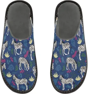 Women's Mens Cosy Slippers, Zebras Tropical Leaves Blue Casual Unisex Slip-On Breathable Memory Foam Scuff Lazy Daily House Shoes for Indoor/Outdoor Size 4-11