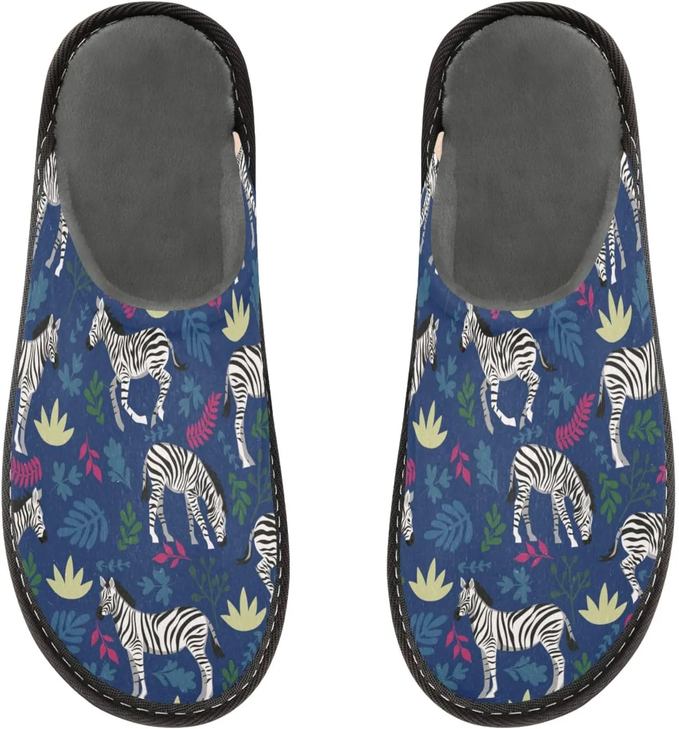 Women's Mens Cosy Slippers, Zebras Tropical Leaves Blue Casual Unisex Slip-On Breathable Memory Foam Scuff Lazy Daily House Shoes for Indoor/Outdoor Size 4-11