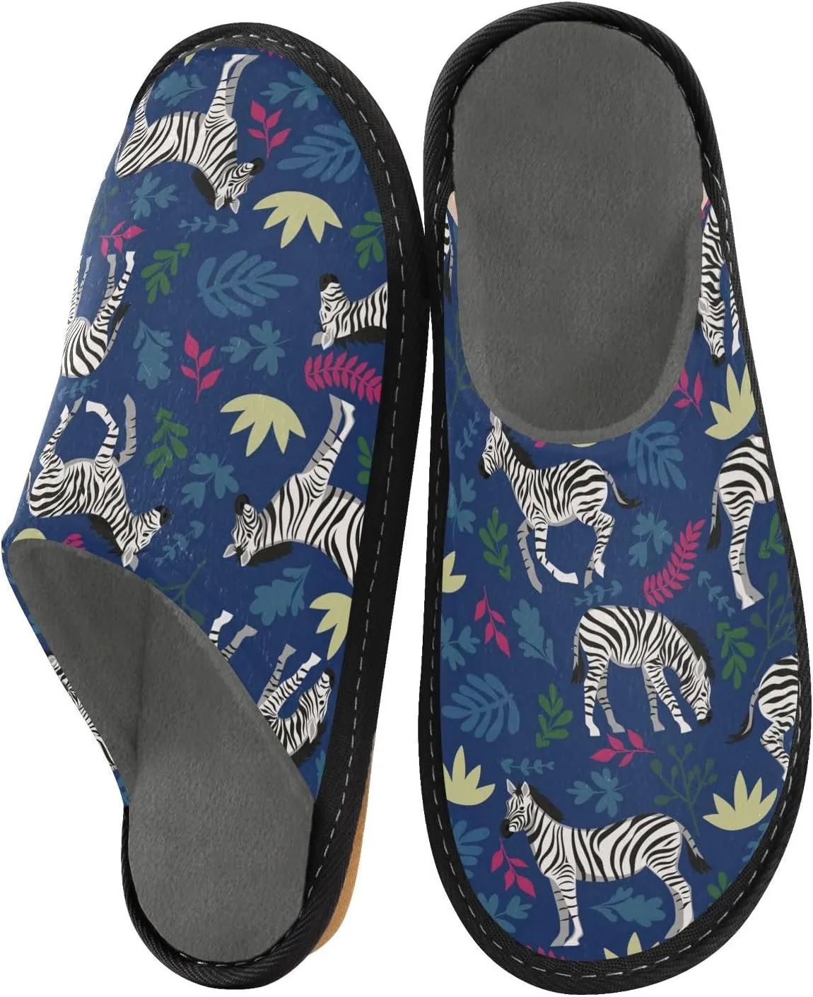 Women's Mens Cosy Slippers, Zebras Tropical Leaves Blue Casual Unisex Slip-On Breathable Memory Foam Scuff Lazy Daily House Shoes for Indoor/Outdoor Size 4-11