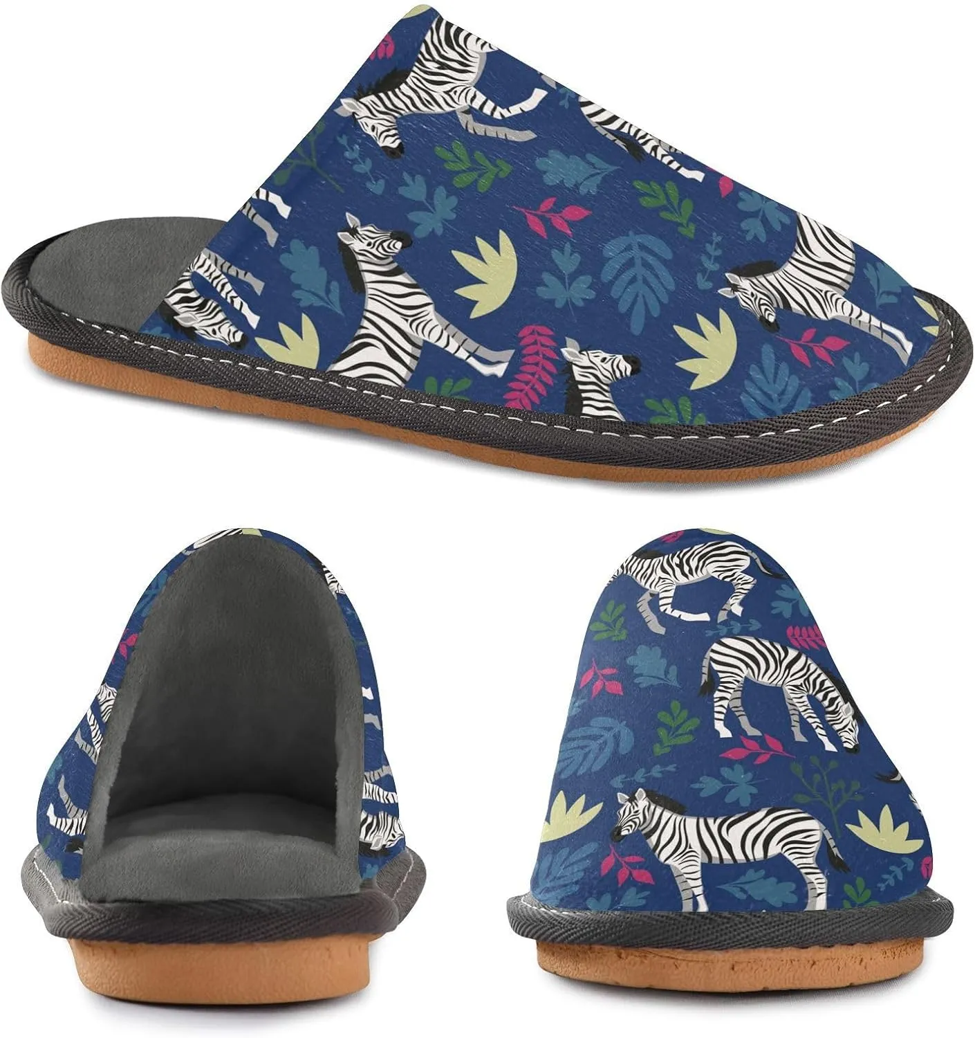 Women's Mens Cosy Slippers, Zebras Tropical Leaves Blue Casual Unisex Slip-On Breathable Memory Foam Scuff Lazy Daily House Shoes for Indoor/Outdoor Size 4-11