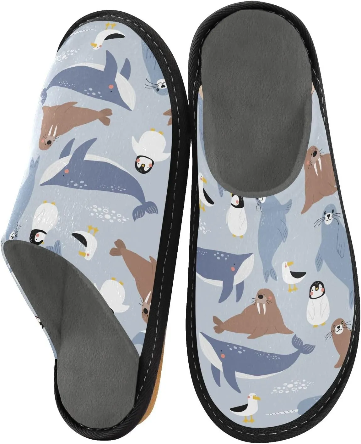 Women's Mens Cute Arctic Animals Penguin Whale Cosy Slip-On Slippers,Casual Comfy Linning Breathable Memory Foam Scuff House Bedroom Shoes Gift for Unisex Indoor/Outdoor Size 4-11