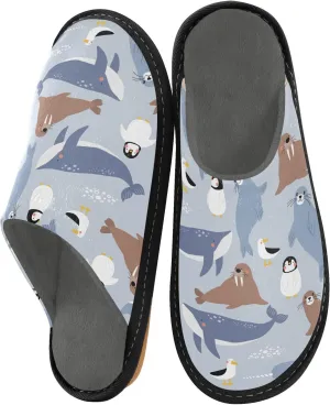 Women's Mens Cute Arctic Animals Penguin Whale Cosy Slip-On Slippers,Casual Comfy Linning Breathable Memory Foam Scuff House Bedroom Shoes Gift for Unisex Indoor/Outdoor Size 4-11