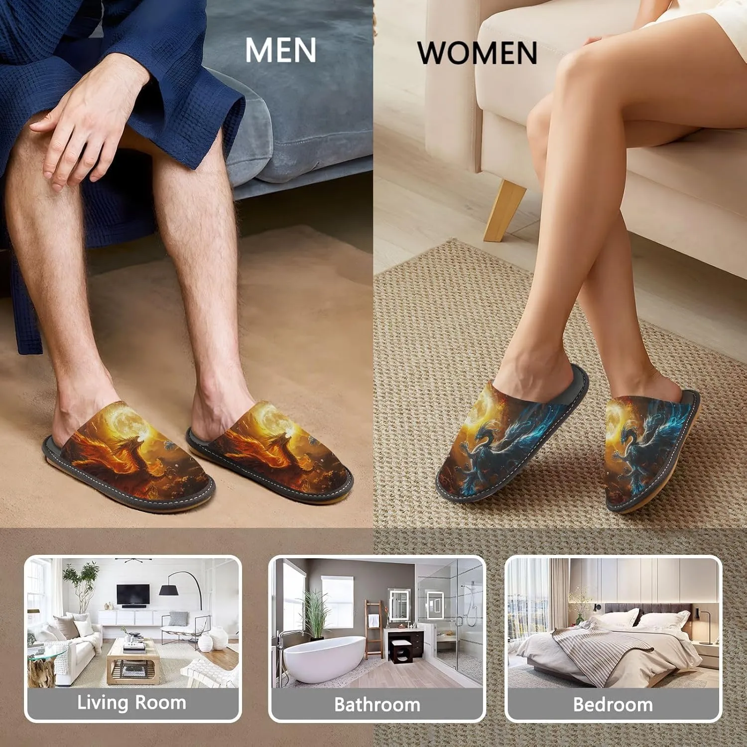 Women's Mens Sky Fire Dragon Ice Phoenix Cosy Slip-On Slippers,Casual Linning Breathable Memory Foam Scuff Winter House Bedroom Shoes Gift for Unisex Indoor/Outdoor Size 4-11