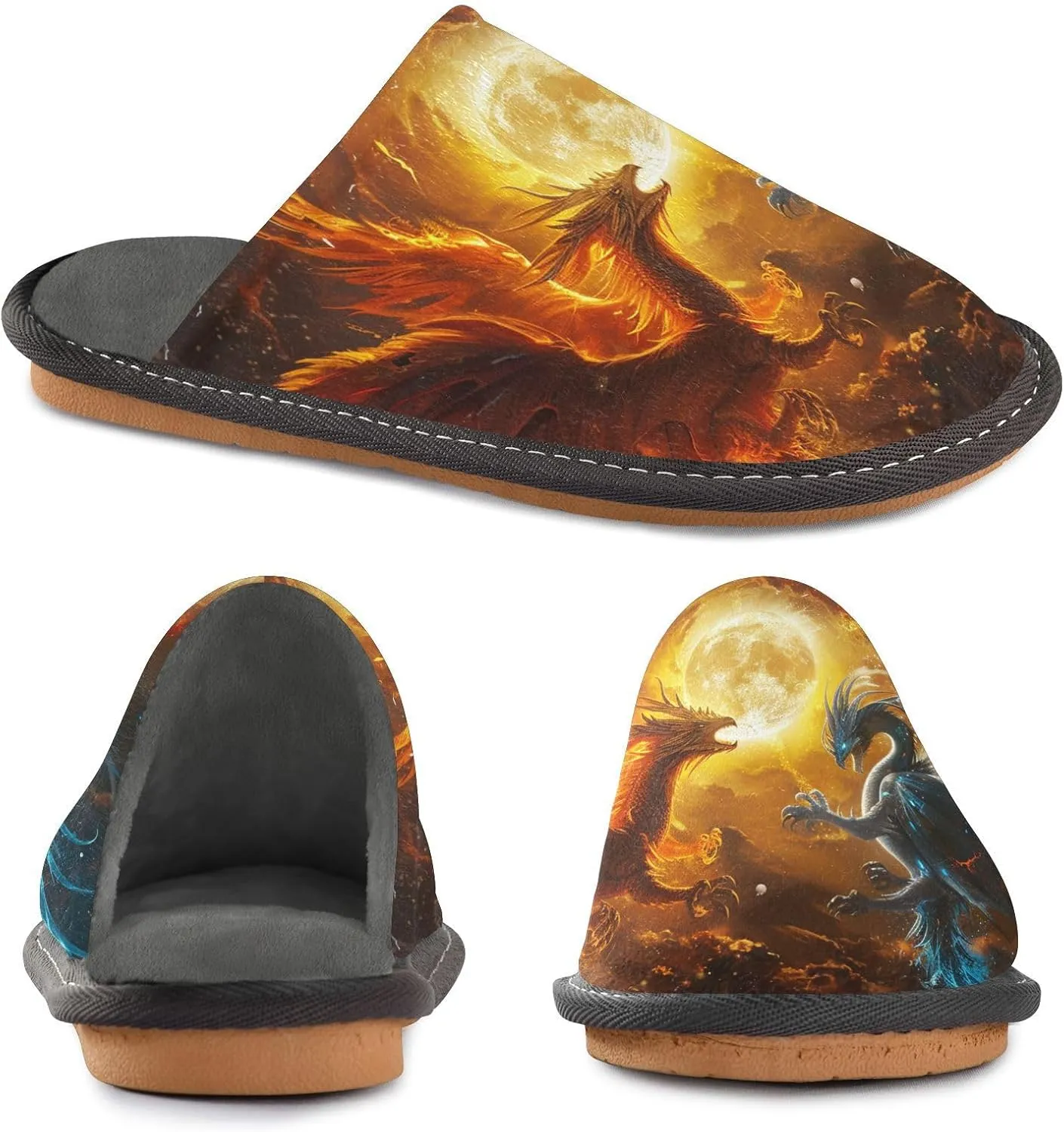 Women's Mens Sky Fire Dragon Ice Phoenix Cosy Slip-On Slippers,Casual Linning Breathable Memory Foam Scuff Winter House Bedroom Shoes Gift for Unisex Indoor/Outdoor Size 4-11