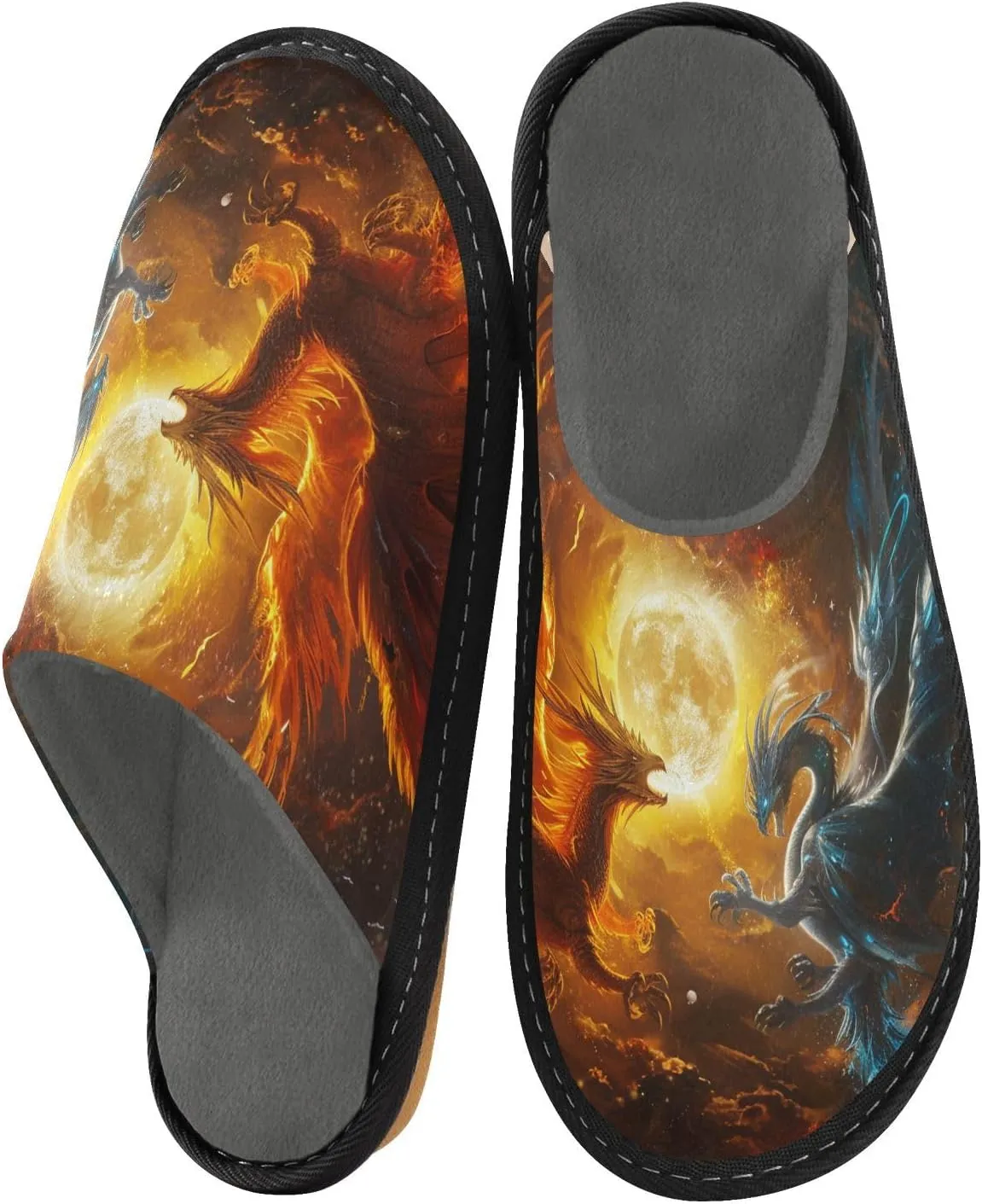 Women's Mens Sky Fire Dragon Ice Phoenix Cosy Slip-On Slippers,Casual Linning Breathable Memory Foam Scuff Winter House Bedroom Shoes Gift for Unisex Indoor/Outdoor Size 4-11