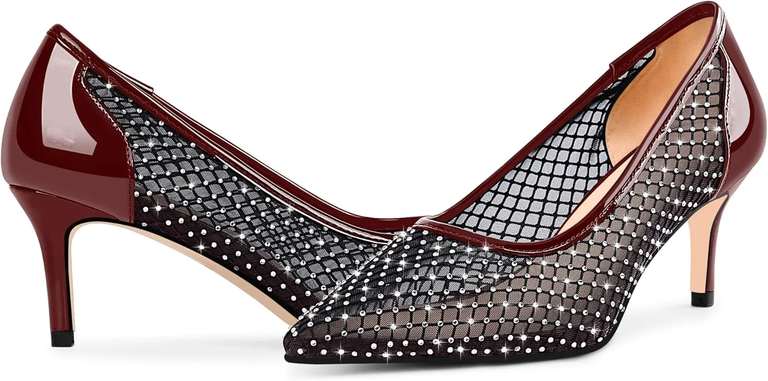 Women's Mesh Pointed Toe Stiletto Heel Pumps Rhinestone Slip On Wedding Party Dress Shoes