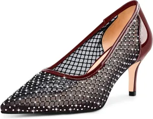 Women's Mesh Pointed Toe Stiletto Heel Pumps Rhinestone Slip On Wedding Party Dress Shoes