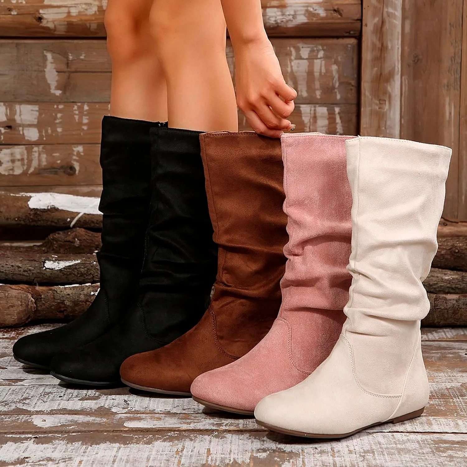 Women's Mid Calf Short Boots Round Toe Wedge Boots Suede Dress Shoes with Zipper Vintage Classic Zipper Boots