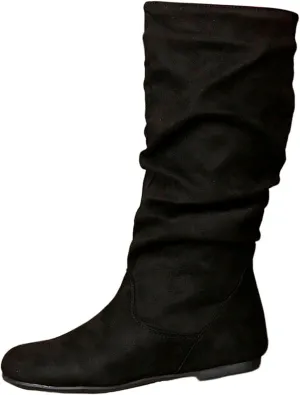 Women's Mid Calf Short Boots Round Toe Wedge Boots Suede Dress Shoes with Zipper Vintage Classic Zipper Boots