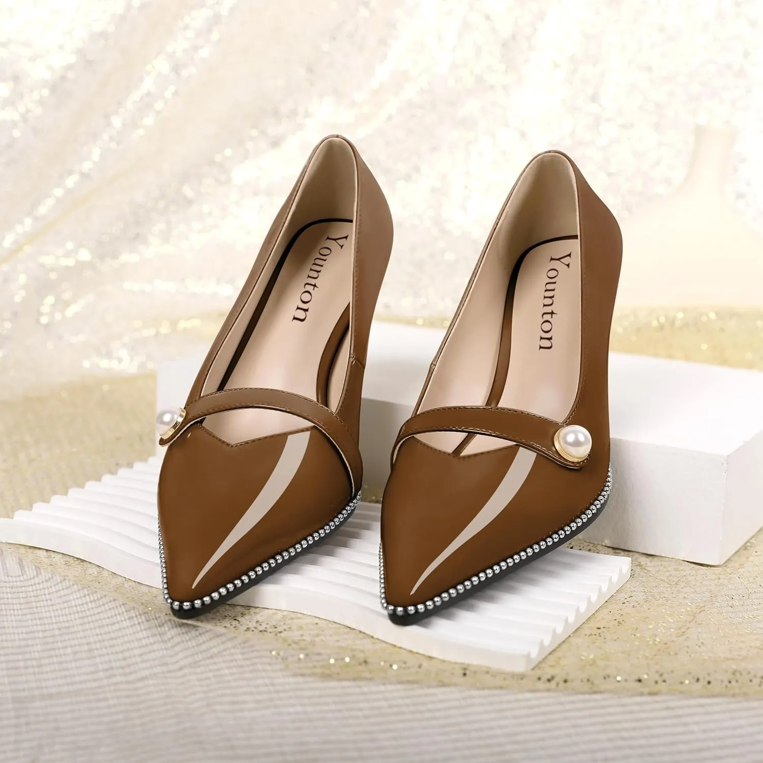 Women's Mid Stiletto Heels Low Kitten Heels Closed Pointey Toe Pumps Slip-on with Pearl Sliver Beads Pumps Ladies Work Office Dress Shoes 2.5 Inches