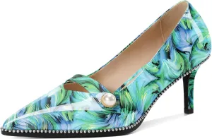 Women's Mid Stiletto Heels Low Kitten Heels Closed Pointey Toe Pumps Slip-on with Pearl Sliver Beads Pumps Ladies Work Office Dress Shoes 2.5 Inches