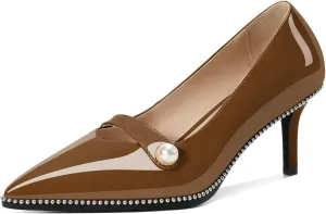 Women's Mid Stiletto Heels Low Kitten Heels Closed Pointey Toe Pumps Slip-on with Pearl Sliver Beads Pumps Ladies Work Office Dress Shoes 2.5 Inches