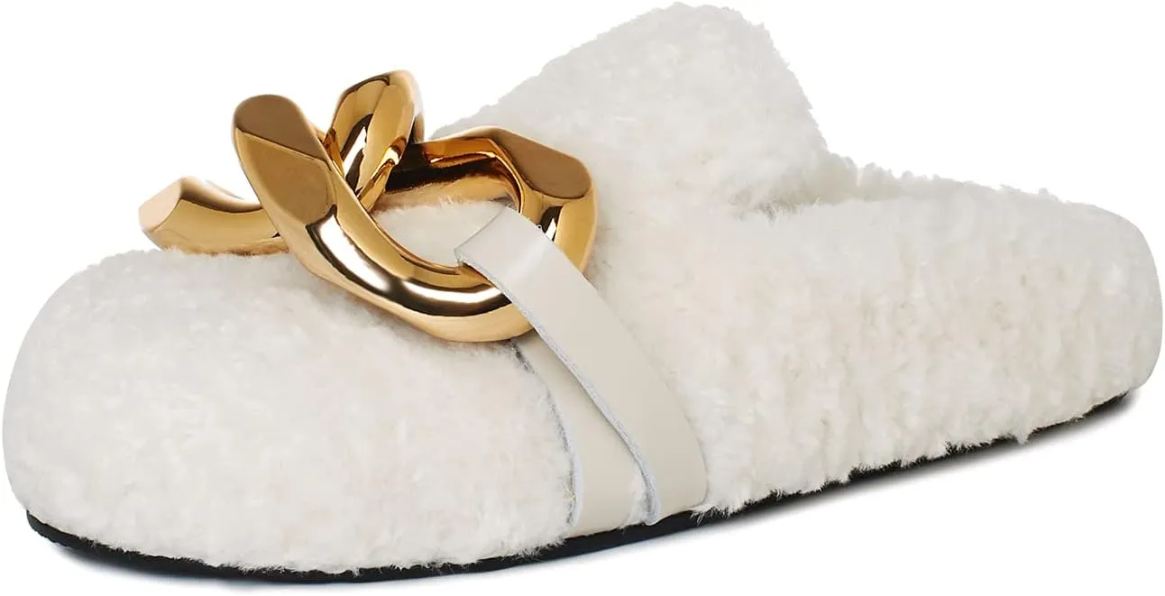 Women's Mules Flat Soft Teddy Twist Golden Chain Wool Slippers